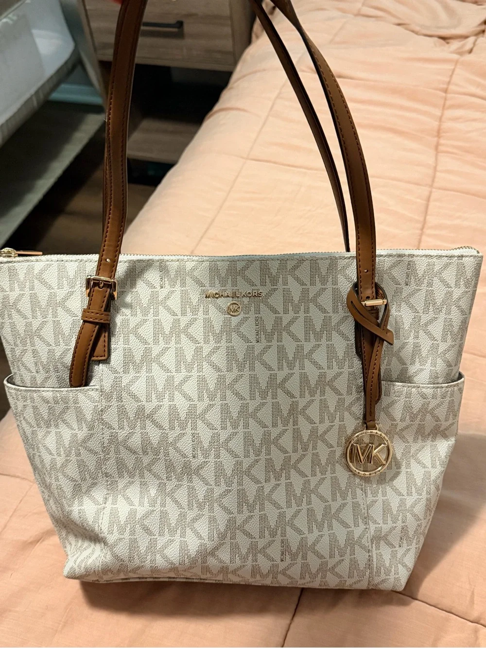 Michael Kors Canvas Shoulder Tote in Vanilla and Acorn Trim
